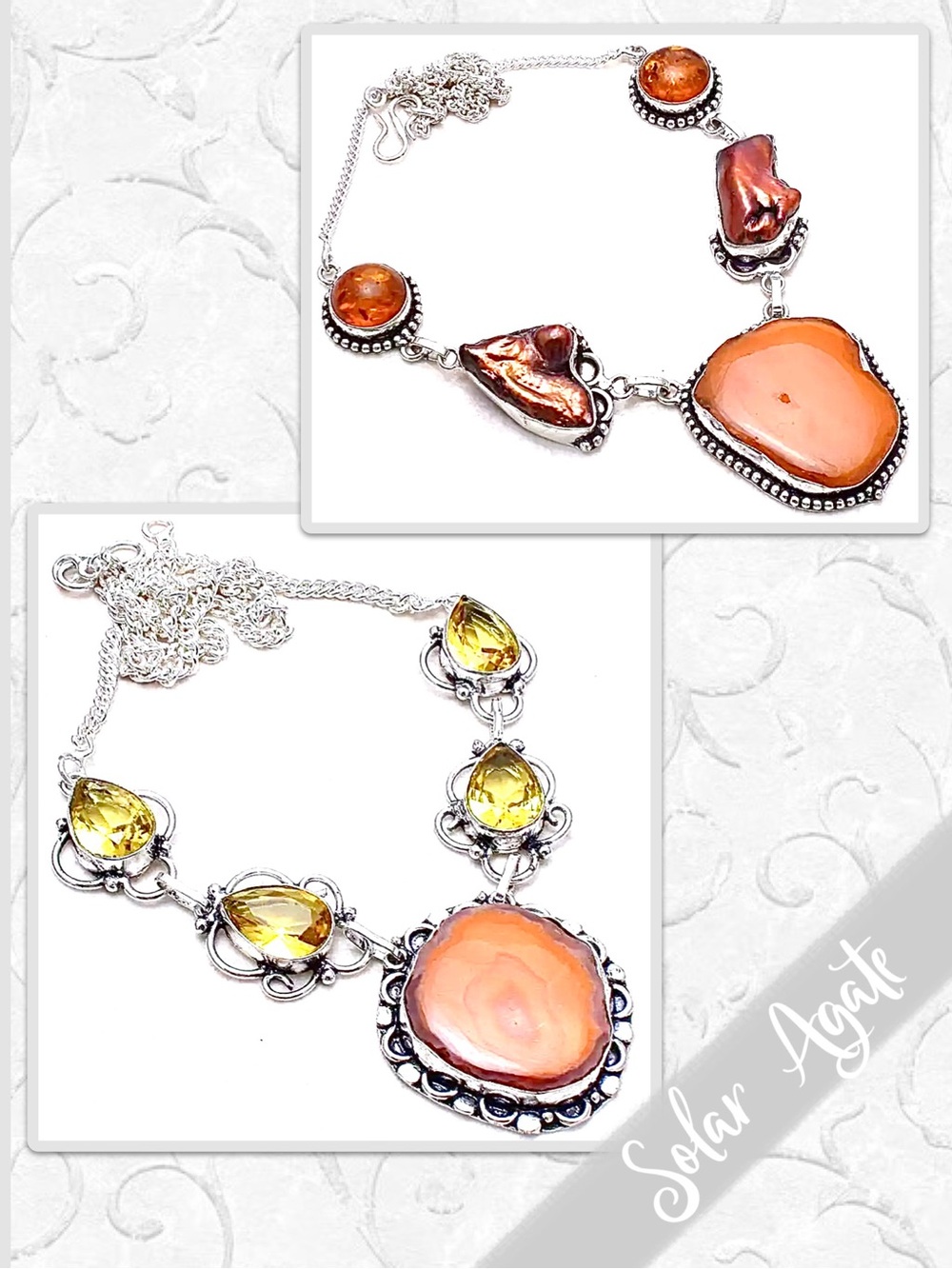 Solar Agate Multi-Stone Silver Artisan Necklace, 18” (Orange, Rust or Yellow)